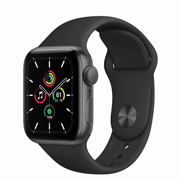 Apple Watch SE: Apple Watch SE 44 мм, чорний спортивний ремінець (сірий космос)